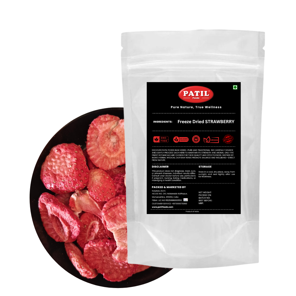 Patil Foods freeze-dried strawberries in standup pouch with bowl of crispy whole fruit, FSSAI certified antioxidant-rich superfood